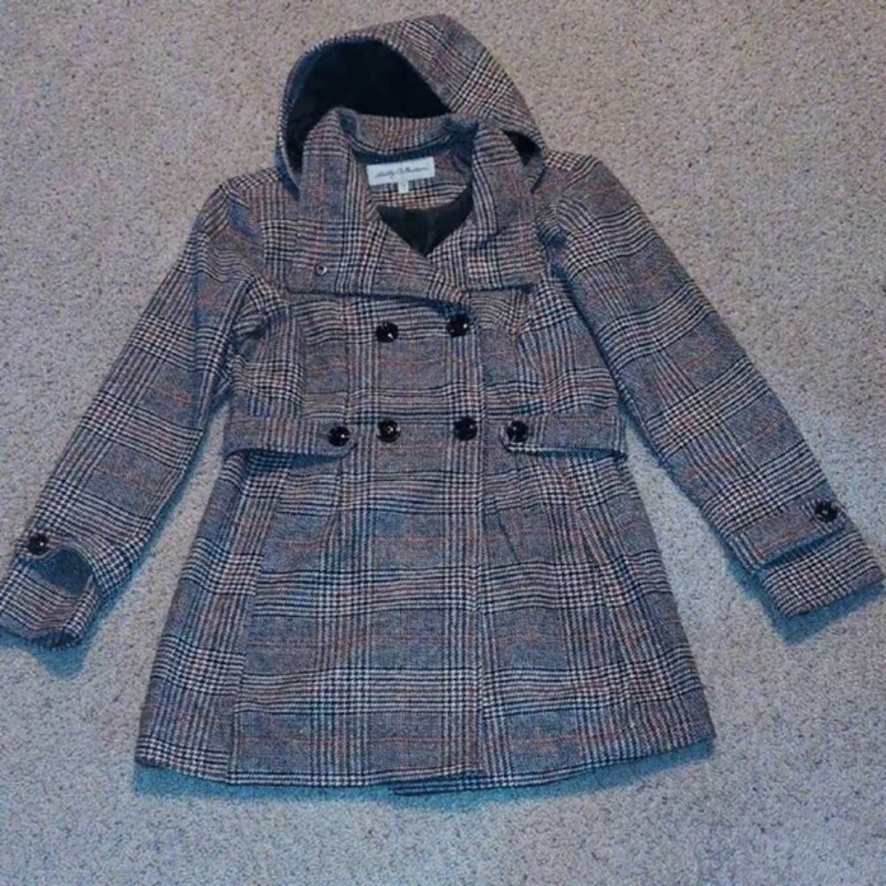 Sebby Collection Brown & Black Plaid Wool Coat with Hood